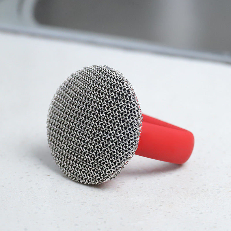 316 Stainless Steel Cast Iron Scrubber with Handle on a countertop.