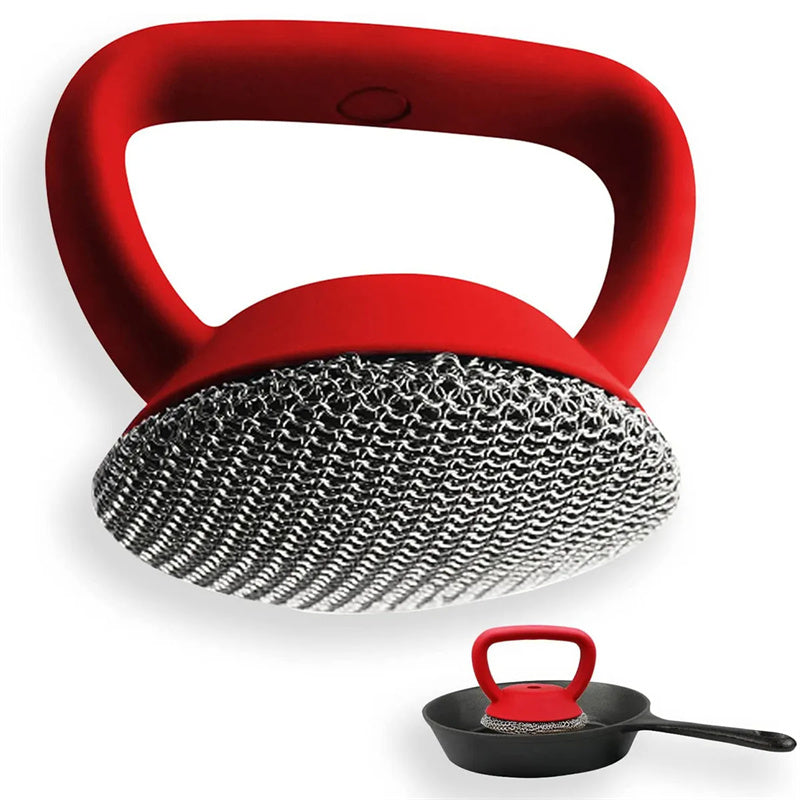 316 Stainless Steel Cast Iron Scrubber with Handle showing sturdy design and red handle for effective cleaning.