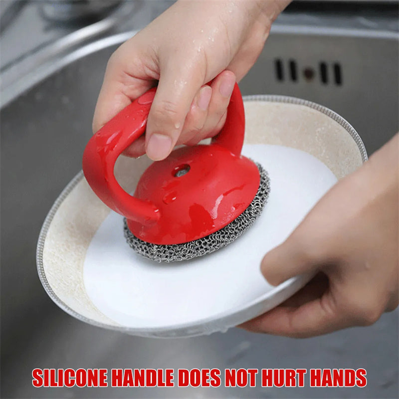316 Stainless Steel Cast Iron Scrubber with Handle being used to clean a dish in a sink.