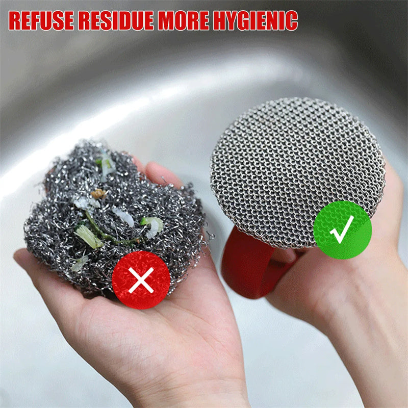 316 Stainless Steel Cast Iron Scrubber with Handle demonstrating hygiene effectiveness, showing clean and dirty scrubbers.