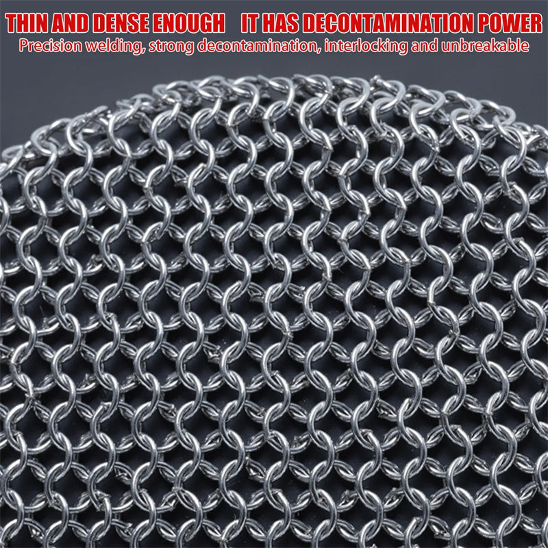 316 Stainless Steel Cast Iron Scrubber with Handle showcasing its interlocking, dense, and strong decontamination power.